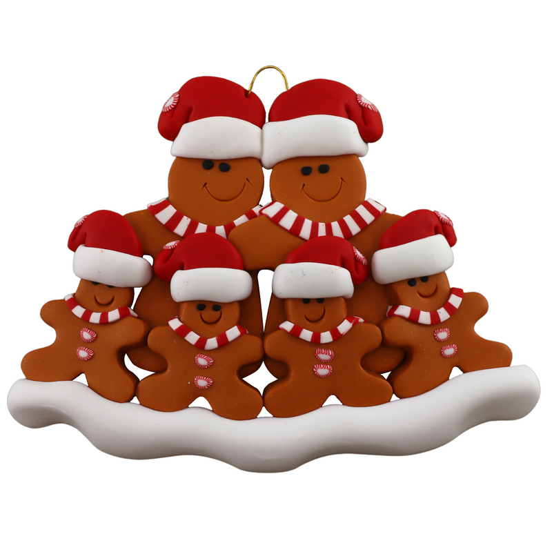 Family ornament with 6 brown gingerbread figures in red Christmas hats.