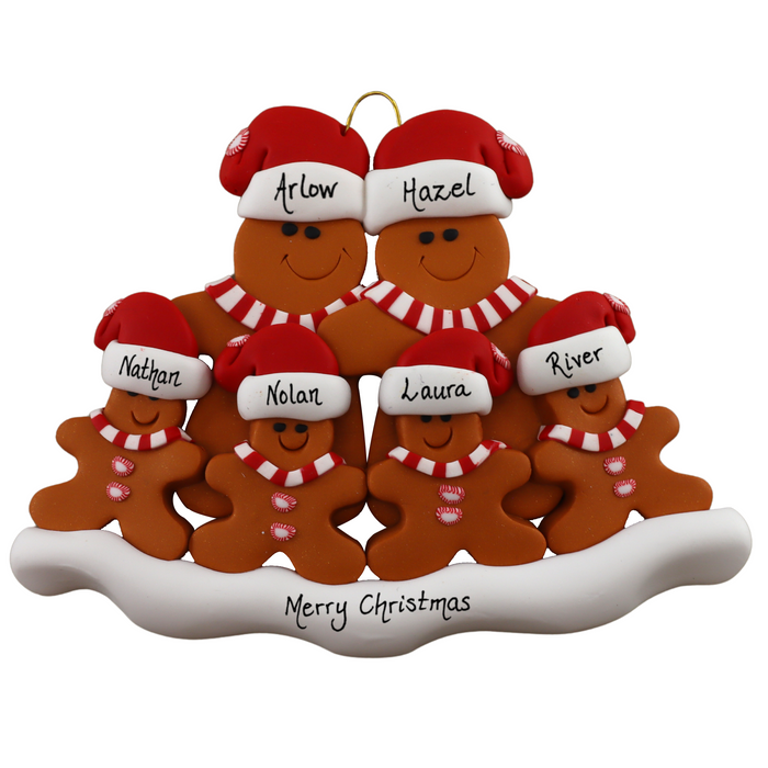Family ornament with 6 brown gingerbread figures in red Christmas hats, personalized with names.