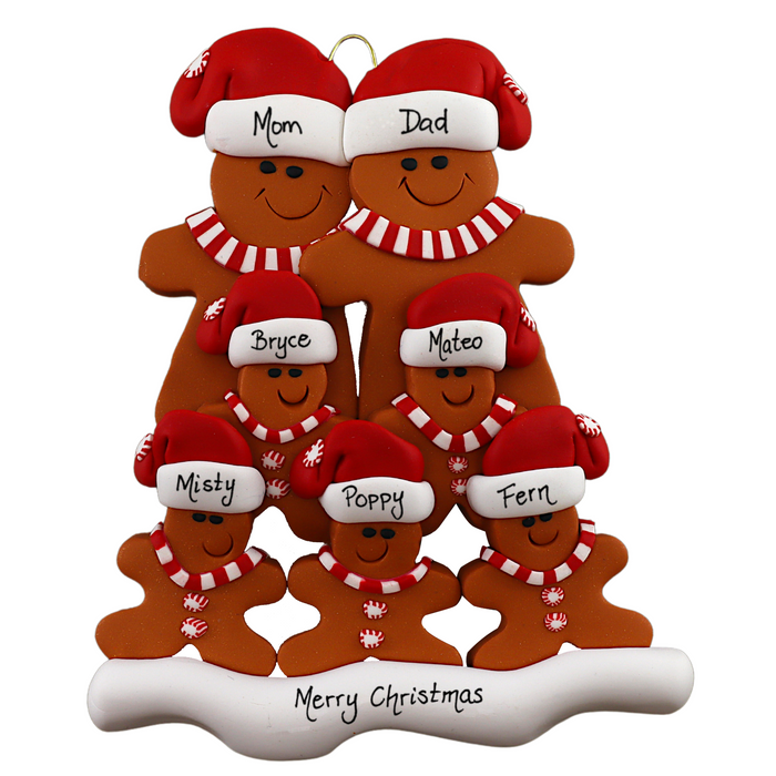 Family ornament with 7 brown gingerbread figures in red Christmas hats, personalized with names.