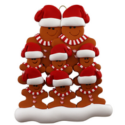 Family ornament with 8 brown gingerbread figures in red Christmas hats.
