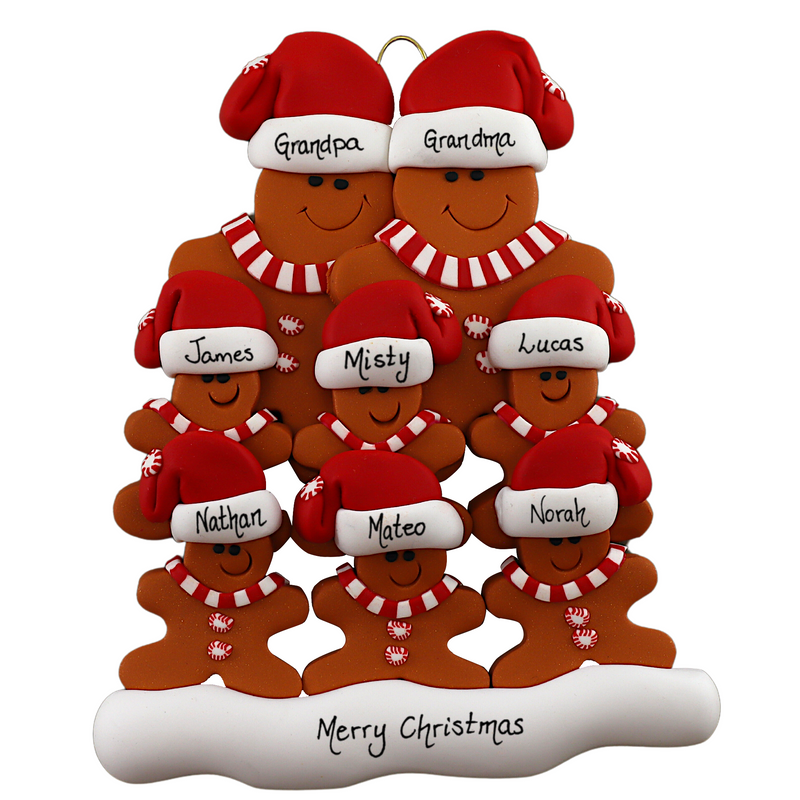 Family ornament with 8 brown gingerbread figures in red Christmas hats, personalized with names.