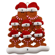 Family ornament with 8 brown gingerbread figures in red Christmas hats, numbered 1-9 for personalization.
