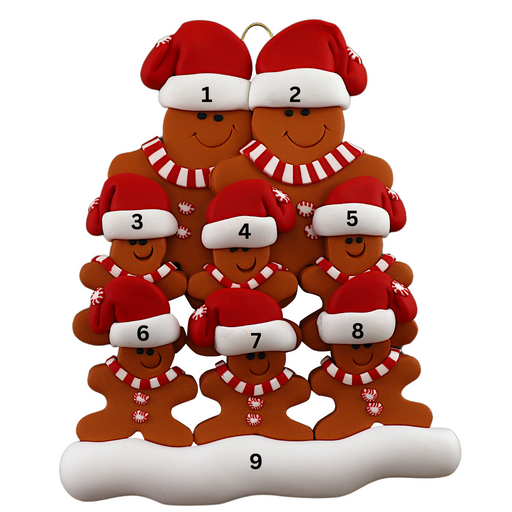 Family ornament with 8 brown gingerbread figures in red Christmas hats, numbered 1-9 for personalization.