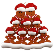 Family ornament with 9 brown gingerbread figures in red Christmas hats.