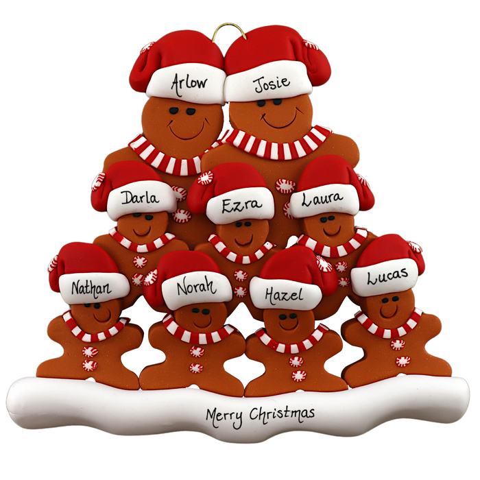 Family ornament with 9 brown gingerbread figures in red Christmas hats, personalized with names.