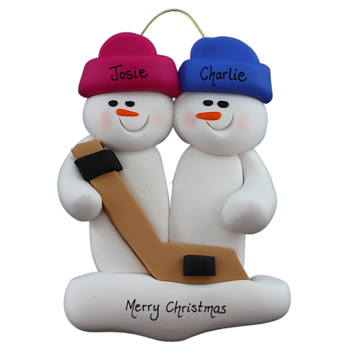 Family ornament with 2 white snowmen in bright hats, holding a hockey stick, personalized with names.