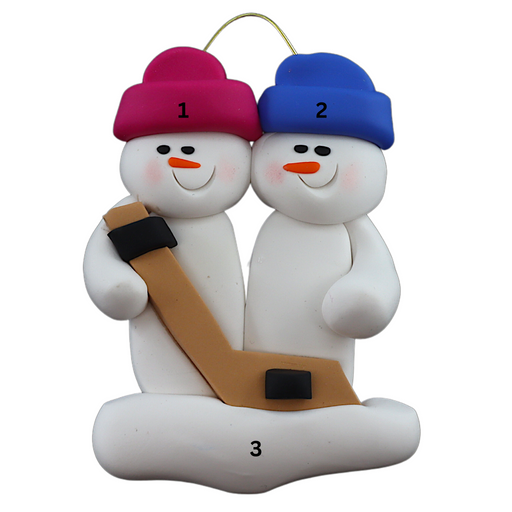 Family ornament with 2 white snowmen in bright hats, holding a hockey stick, numbered 1-3 for personalization.