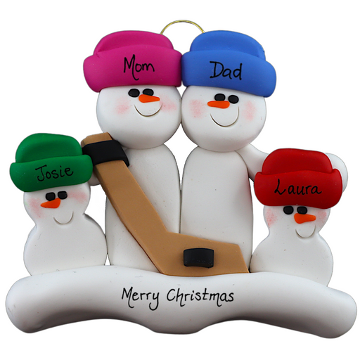 Family ornament with 4 white snowmen in bright hats, holding a hockey stick, personalized with names.