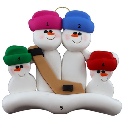 Family ornament with 4 white snowmen in bright hats, holding a hockey stick, numbered 1-5 for personalization.