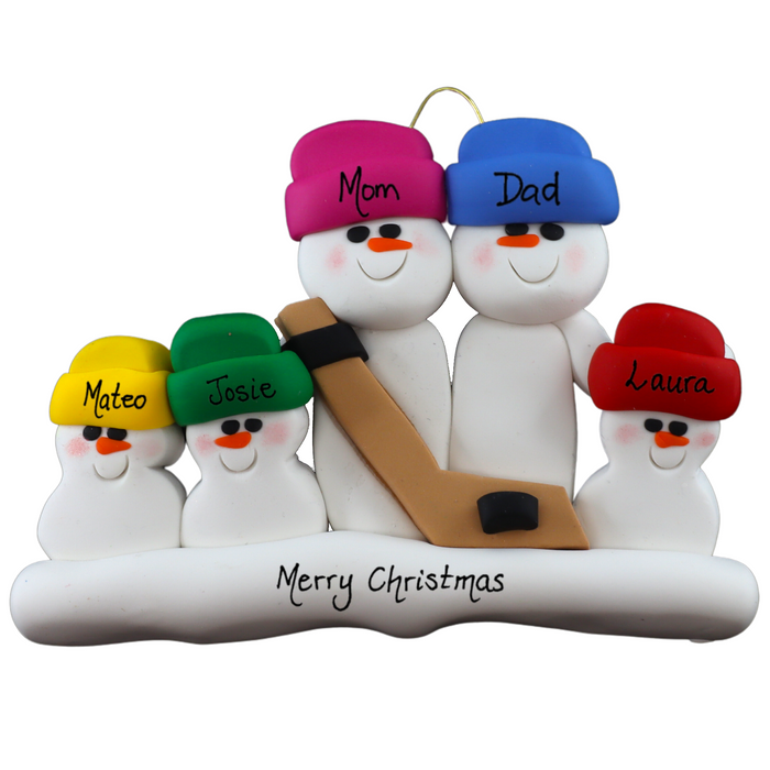 Family ornament with 5 white snowmen in bright hats, holding a hockey stick, personalized with names.