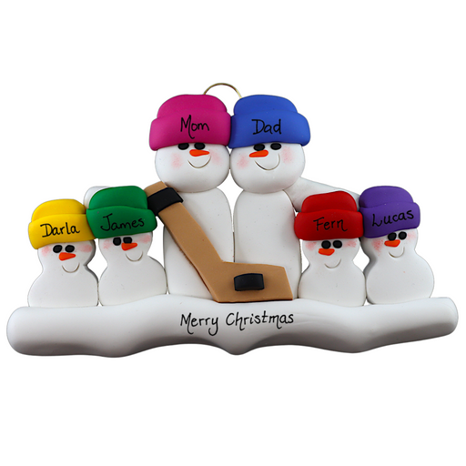 Family ornament with 6 white snowmen in bright hats, holding a hockey stick, personalized with names.