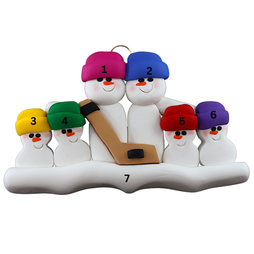 Family ornament with 6 white snowmen in bright hats, holding a hockey stick, numbered 1-7 for personalization.