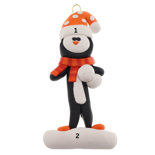 Penguin wearing orange hat and scarf ornament, numbered 1-2 for personalization.