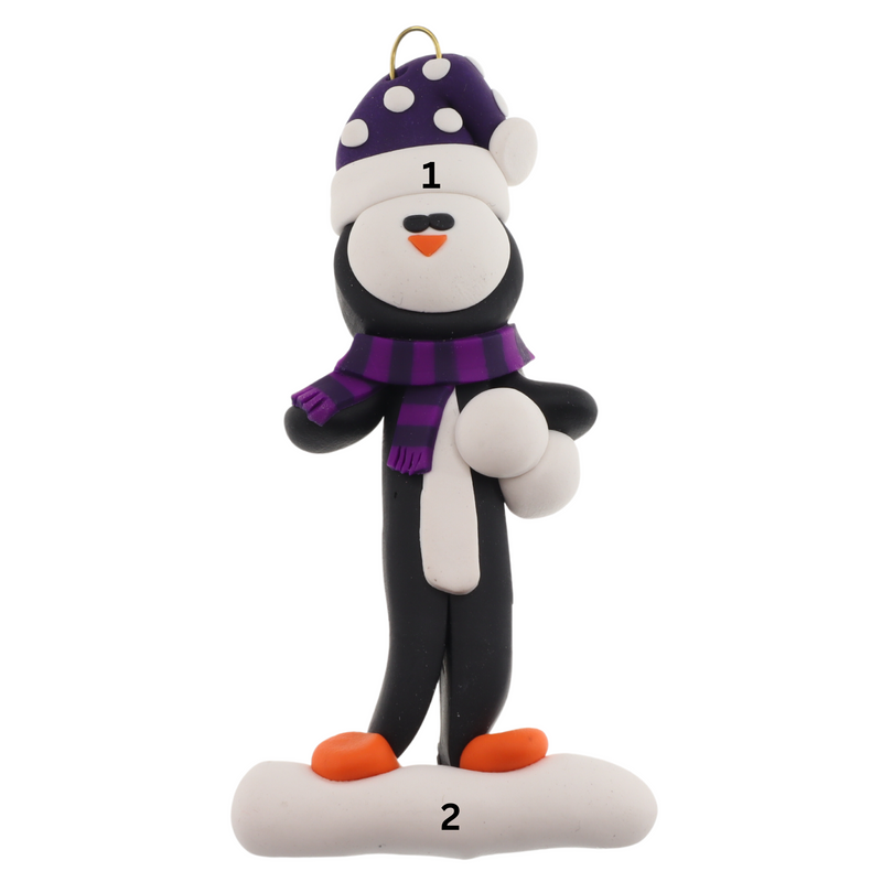 Penguin wearing purple hat and scarf ornament, numbered 1-2 for personalization.