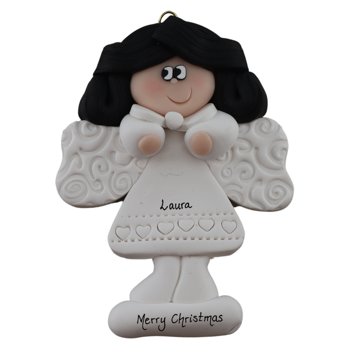 Angel wearing white with black hair ornament, personalized with name.