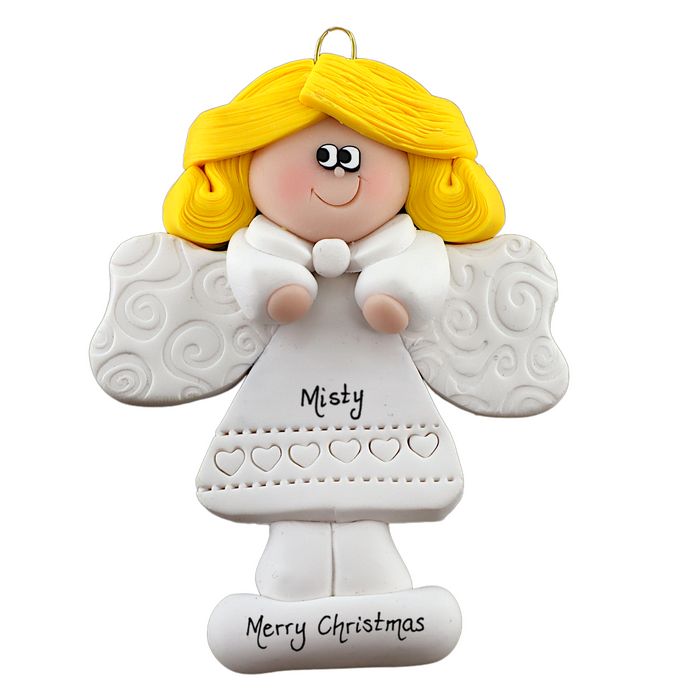 Angel wearing white with blonde hair ornament, personalized with name.