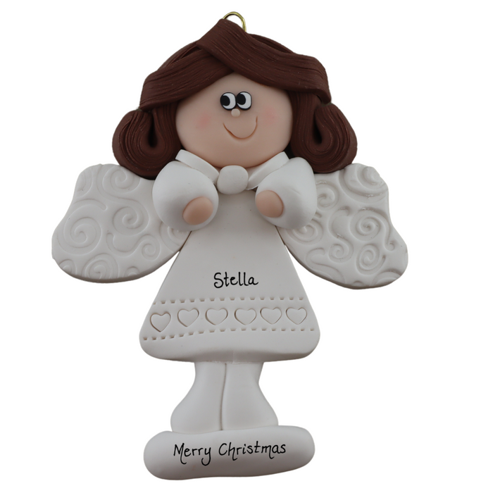 Angel wearing white with brown hair ornament, personalized with name.
