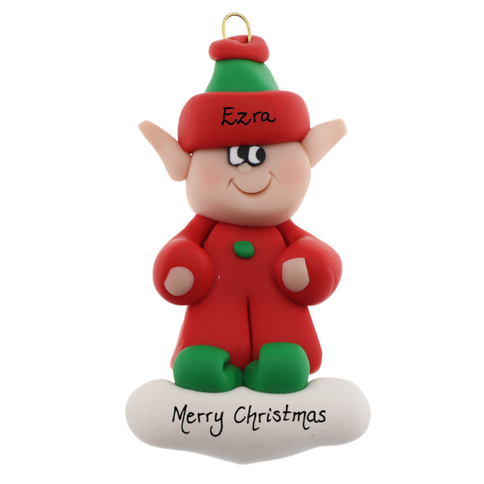 Red and green elf ornament, personalized with name.