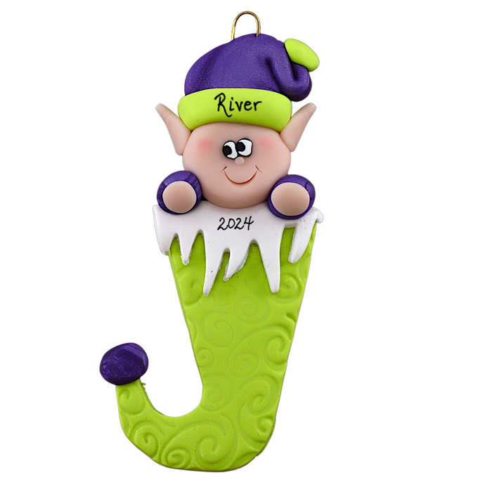 Elf poking out of green stocking ornament, personalized with name.