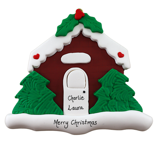 Brown festive house ornament, personalized with name.