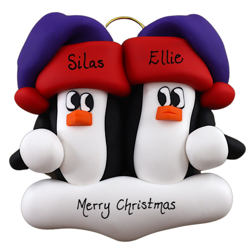 A couple’s ornament of two penguins in colourful hats, personalized with names.
