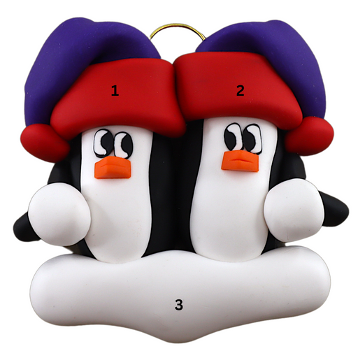 A couple’s ornament of two penguins in colourful hats, numbered 1-3 for personalization.