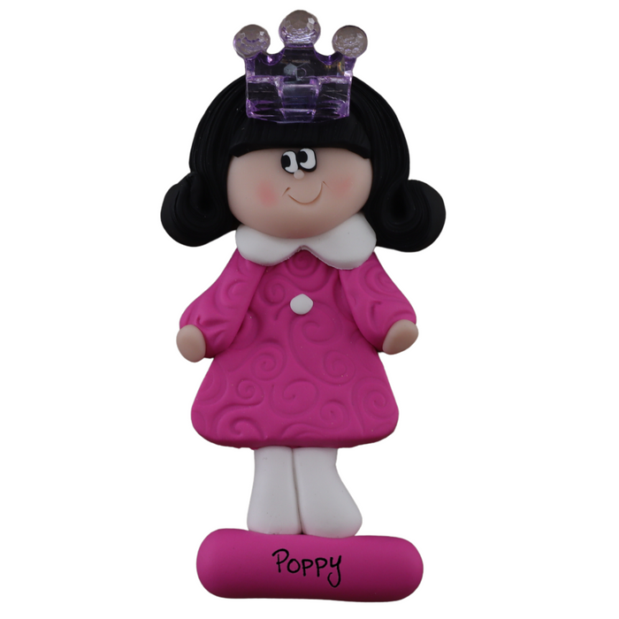 Pink princess with crown and black hair ornament, personalized with name.