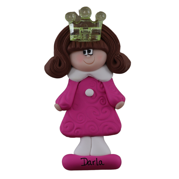 Pink princess with crown and brown hair ornament, personalized with name.