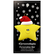 Yellow star in red Christmas hat ornament, on display backing card.