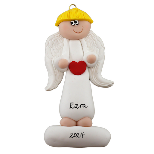 Tall angel wearing white with blonde hair ornament, personalized with name.