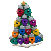 Christmas tree ornament decorated with 14 light bulbs with smiling faces.
