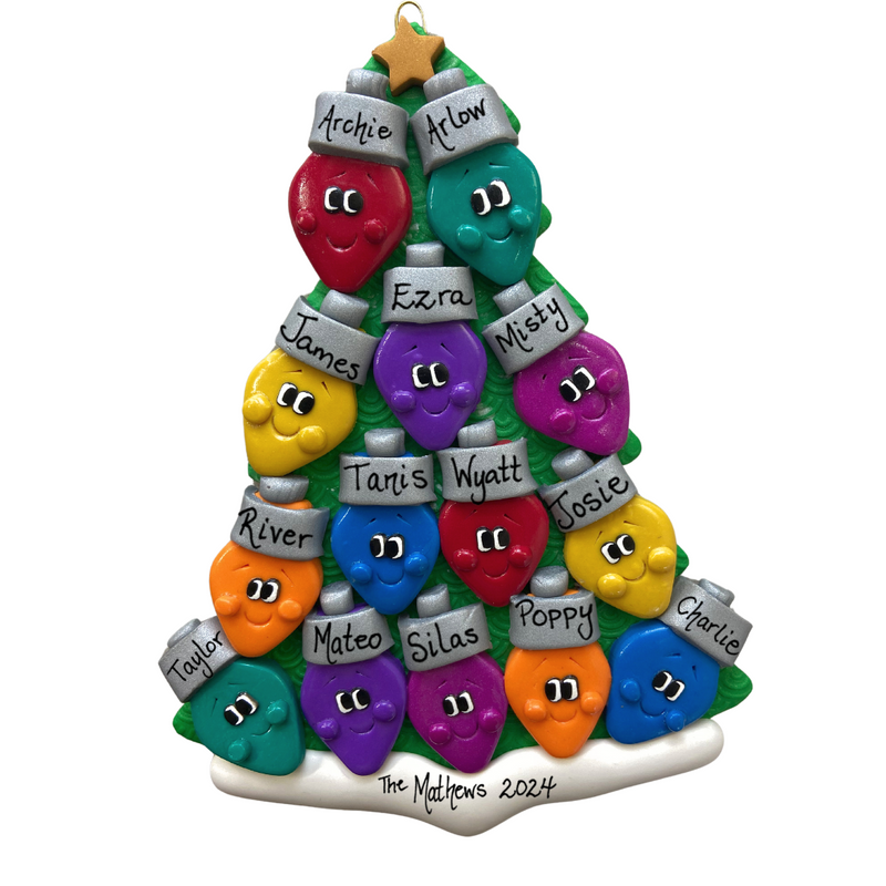 Christmas tree ornament decorated with 14 light bulbs with smiling faces, personalized with names.