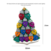 Christmas tree ornament decorated with 14 light bulbs with smiling faces, graphed to show size (12x17cm).