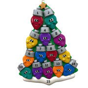 Christmas tree ornament decorated with 14 light bulbs with smiling faces, numbered 1-15 for personalization.