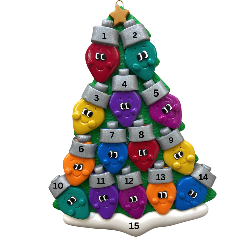 Christmas tree ornament decorated with 14 light bulbs with smiling faces, numbered 1-15 for personalization.