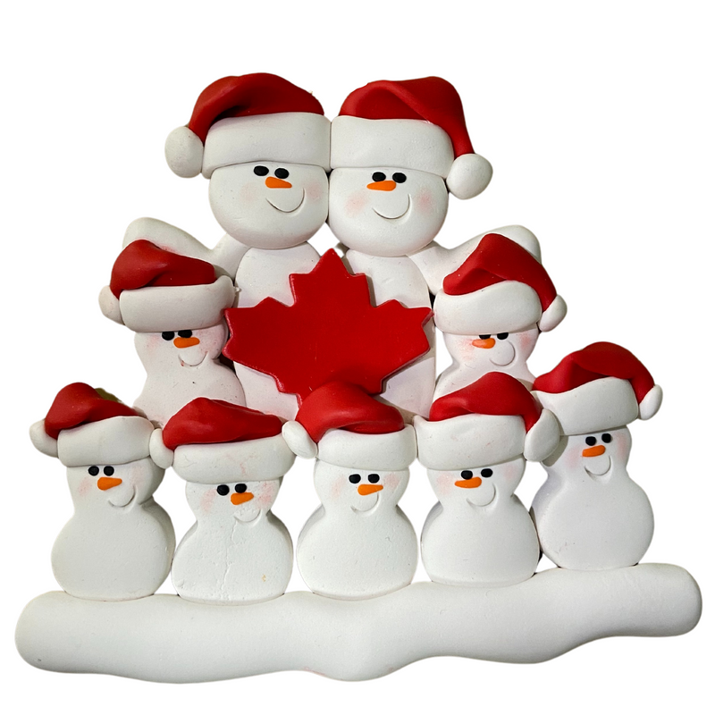 Family ornament with 9 white snowmen in red hats, gathered around a red maple leaf.