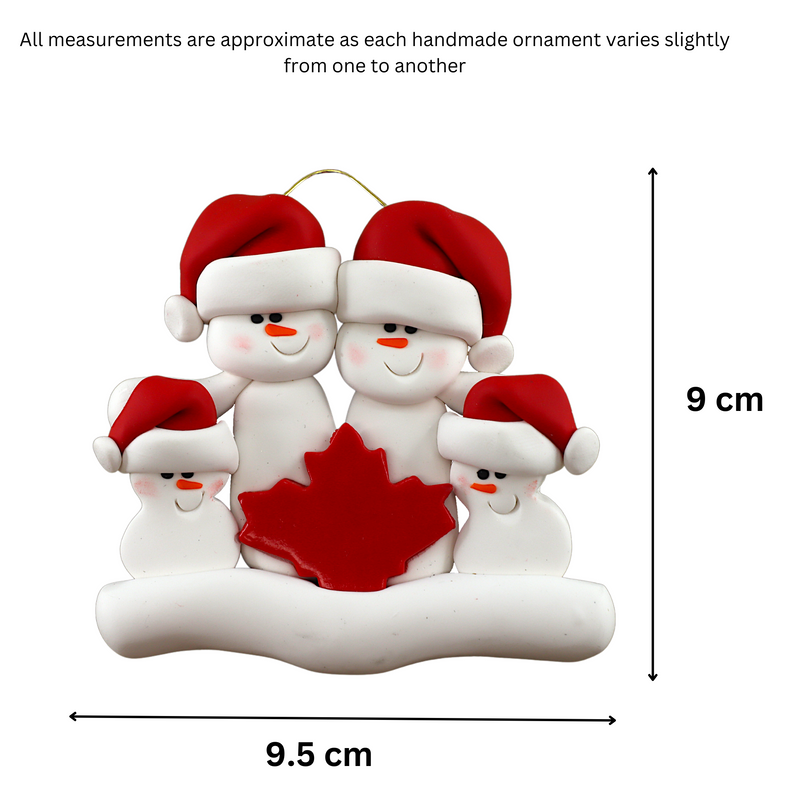 Family ornament with 4 white snowmen in red hats, gathered around a red maple leaf, graphed to show size (9.5x9cm).