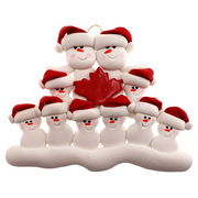 Family ornament with 10 white snowmen in red hats, gathered around a red maple leaf.
