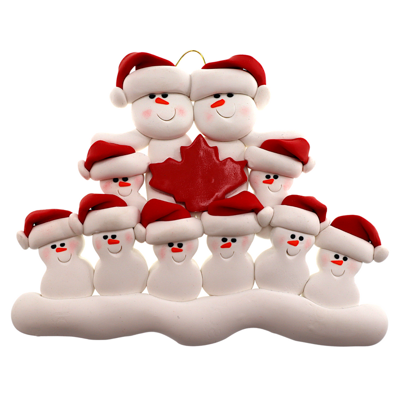 Family ornament with 10 white snowmen in red hats, gathered around a red maple leaf.