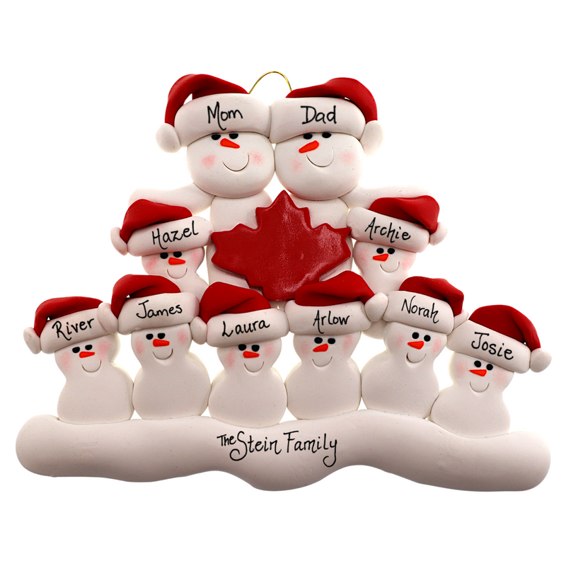 Family ornament with 10 white snowmen in red hats, gathered around a red maple leaf, personalized with names.