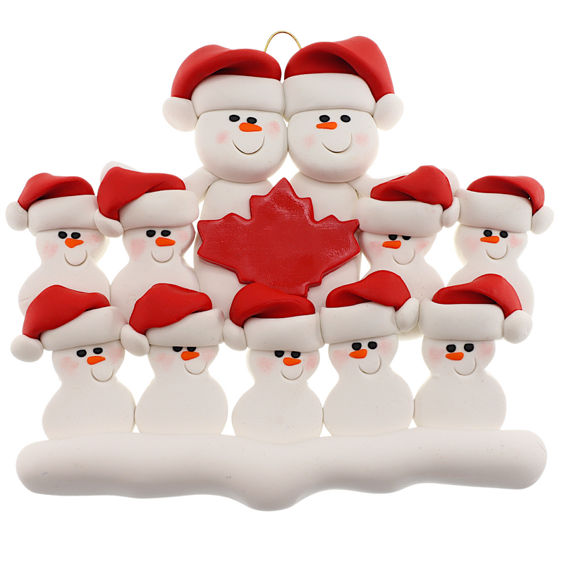 Family ornament with 11 white snowmen in red hats, gathered around a red maple leaf.