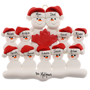 Family ornament with 11 white snowmen in red hats, gathered around a red maple leaf, personalized with names.