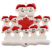 Family ornament with 11 white snowmen in red hats, gathered around a red maple leaf, numbered 1-12 for personalization.