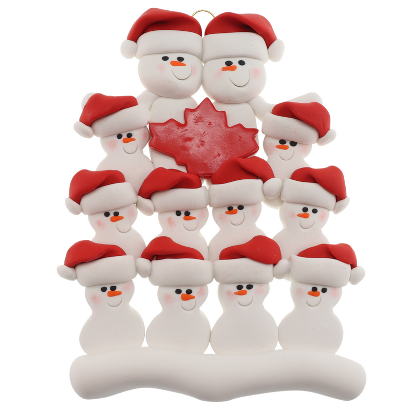 Family ornament with 12 white snowmen in red hats, gathered around a red maple leaf.