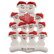 Family ornament with 12 white snowmen in red hats, gathered around a red maple leaf, personalized with names.