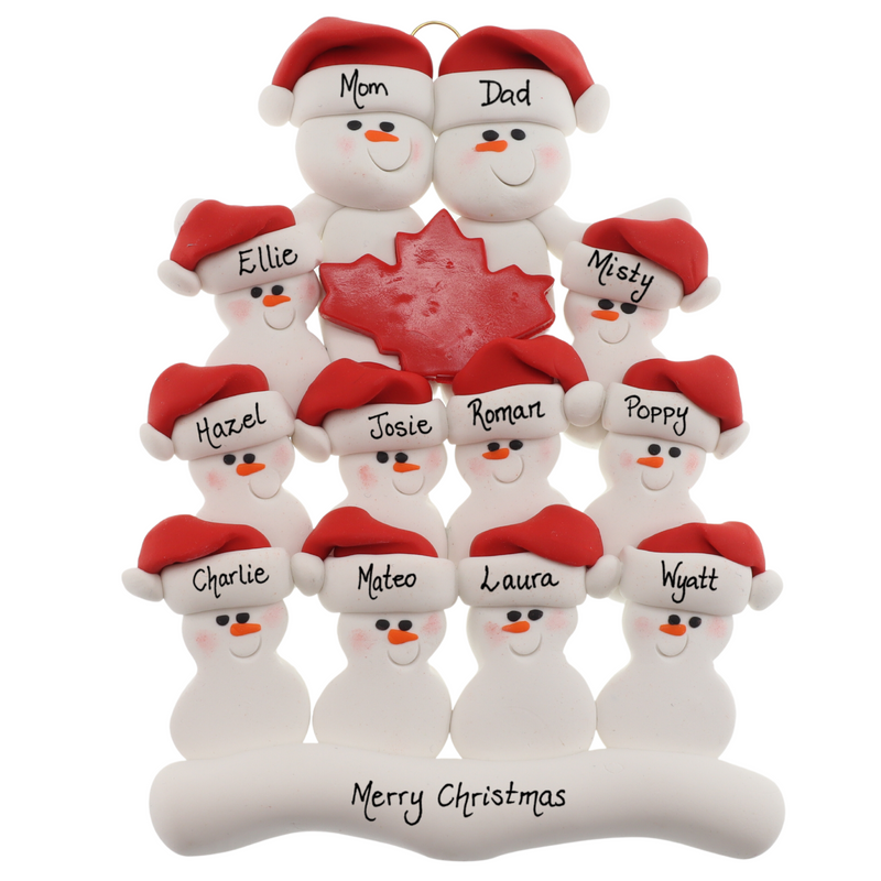 Family ornament with 12 white snowmen in red hats, gathered around a red maple leaf, personalized with names.