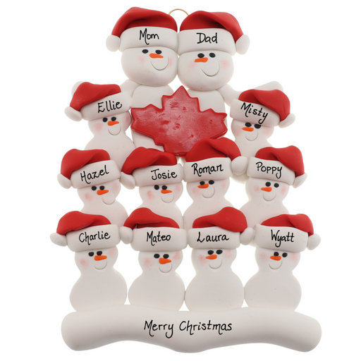 Family ornament with 12 white snowmen in red hats, gathered around a red maple leaf, personalized with names.