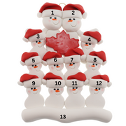 Family ornament with 12 white snowmen in red hats, gathered around a red maple leaf, numbered 1-13 for personalization.