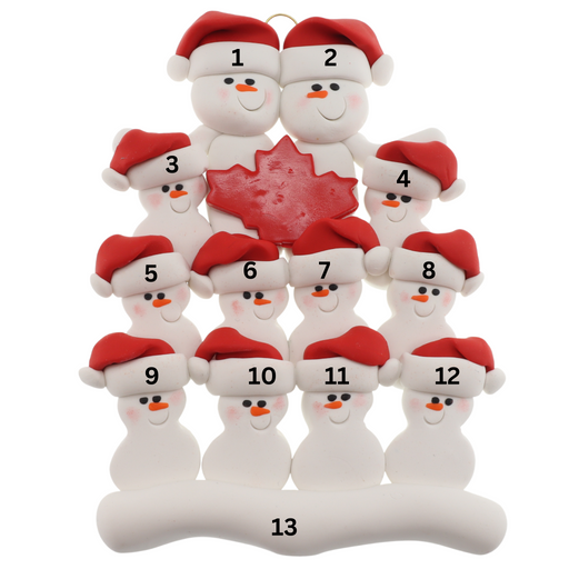 Family ornament with 12 white snowmen in red hats, gathered around a red maple leaf, numbered 1-13 for personalization.