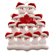 Family ornament with 13 white snowmen in red hats, gathered around a red maple leaf.